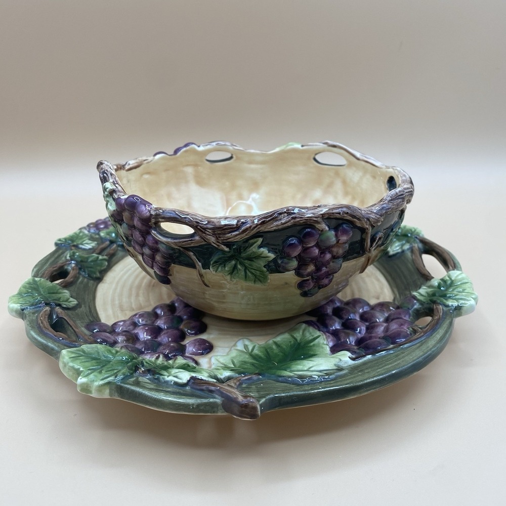 Pacific Rim Handpainted Grape Serving Bowl & Platter Set Ceramic